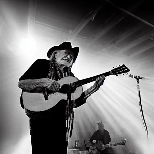 Image similar to willie nelson on stage, holding guitar. four fingers. god rays through fog.