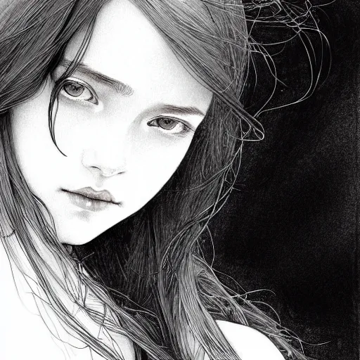 Prompt: black and white pen and ink sketch of a scottish teenage girl with dark blonde hair, glowing skin, intelligent face, fantasy, intricate, elegant, dress shirt, highly detailed, digital painting, artstation, concept art, smooth, sharp focus, illustration, art by Krenz Cushart and Artem Demura and alphonse mucha