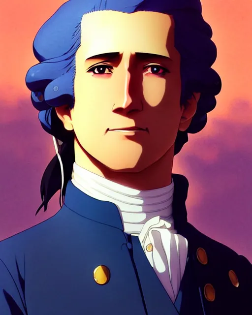 Image similar to Anime as George Washington. Handsome face. Warm smile. Realistic shaded. Perfect face. Fine details. Anime. Realistic shaded lighting. During golden hour!!! Ilya Kuvshinov. Katsuhiro Otomo. Ghost in the shell. Magali Villeneuve. artgerm. Jeremy Lipkin. Michael Garmash. Rob Rey,