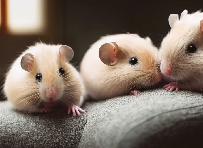 Image similar to photo of a two hamsters laying in a bed, cinematic color grading, various poses, soft light, faded colors, well framed, sharp focus, 8 k