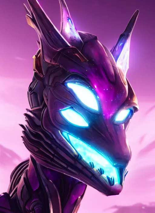 Image similar to cinematic goddess close shot, cosmic sized beautiful stunning elegant hot giant robot mecha female dragon, sharp cyborg dragon head, sharp metal ears, led glowing purple eyes, smooth fuschia skin, smooth silver armor, floating in space, epic proportions, epic scale, macro furry, furry art, dragon art, giantess art, warframe fanart, furaffinity, octane