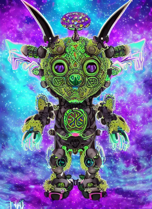 Image similar to a detailed digital art of a celtic knot oni demon koala mecha extraterrestrial wearing a raver outfit by lisa frank and cicely mary barker, taiyo matsumoto, myst, beeple, cgsociety, crisp, low angle shot