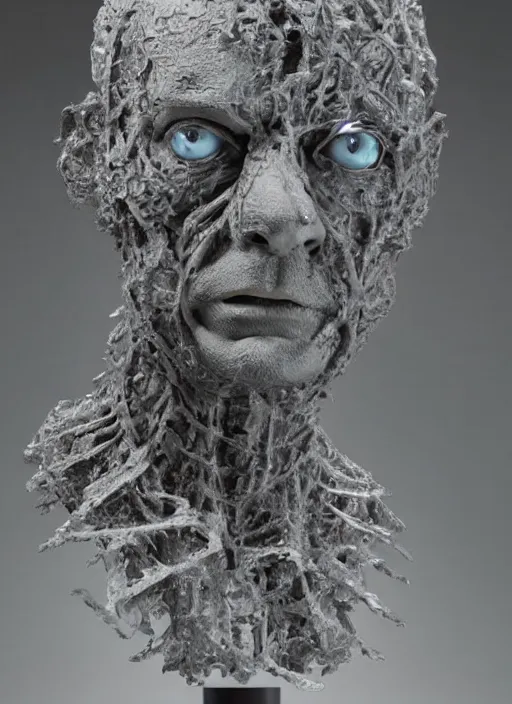 Image similar to a bust sculpture of anatomical detailed ice golem, rowan atkinson, blue blood, become human, ceramic base, orthographic, studio lighting