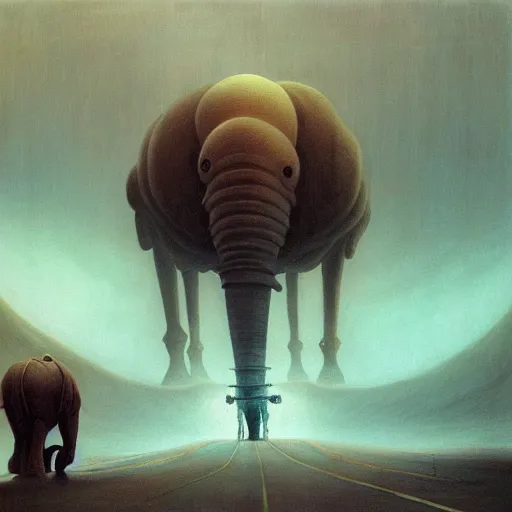Prompt: A steampunk large elephant-like creature follows a man down a desolate road, in the style of Zdzisław Beksiński