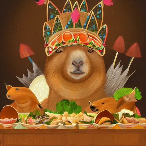 Prompt: painting of a capybara wearing a crown sitting on a throne surrounded by food offerings, trending on artstation