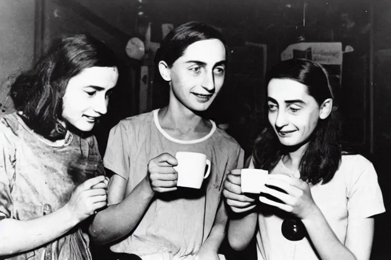 Prompt: anne frank and tupac shakur drinking coffee