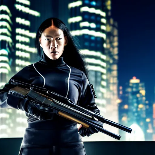 Image similar to photographic portrait of a techwear woman holding a shotgun, holding shotgun down, closeup, on the rooftop of a futuristic city at night, sigma 85mm f/1.4, 4k, depth of field, high resolution, full color, award winning photography, inspired by Kill Bill, inspired by John Wick, inspired by Die Hard, movies with guns, movie firearms