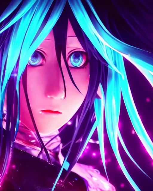 Prompt: beautiful portrait of hatsune miku as BRS anime facing the camera centered in the style of a code vein character, momo from twice in code vein in the style of WLOP, artgerm, yasutomo oka, rendered in unreal engine and redshift octane , background is surrounded by epic neon glitch effect digital art dynamic dramatic lighting, soft lighting, imagine fx, artstation, cgsociety, by Bandai Namco artist,