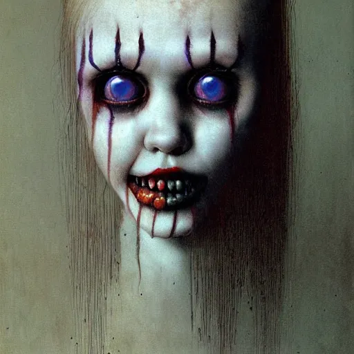 Prompt: cute young female sadistic clown by beksinski