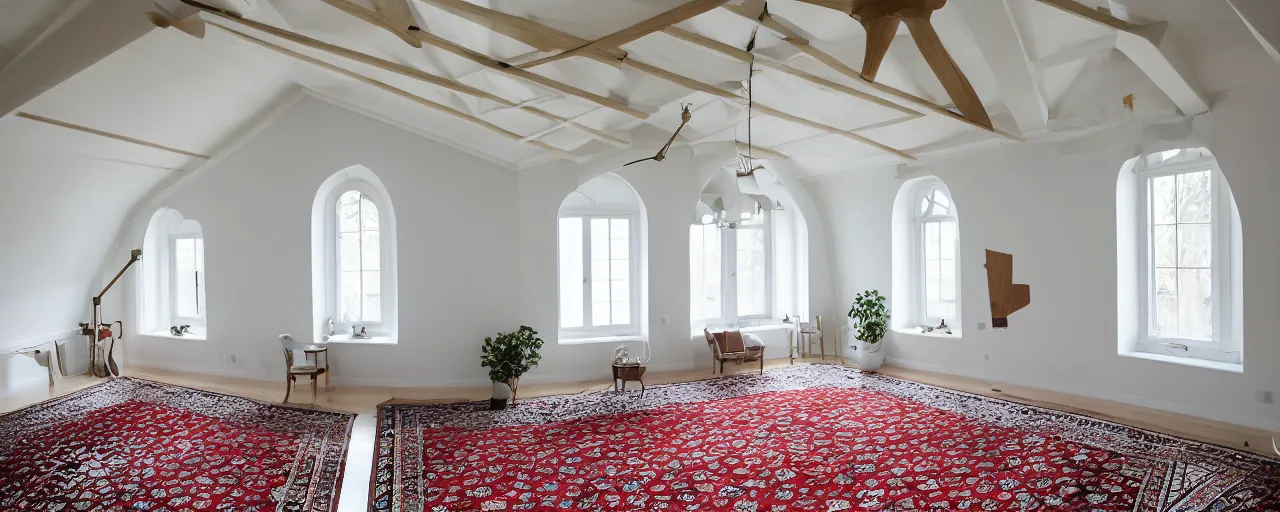 Prompt: low ceiling attic, white painted ceiling, with 2 rectangular windows opposing each other, with a large square window in the back right corner of the room, with exquisite turkish and persian rugs, polished plywood floor, XF IQ4, 150MP, 50mm, F1.4, ISO 200, 1/160s, natural light