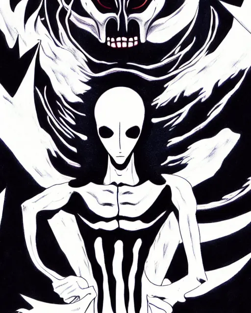 Image similar to shin megami tensei art of a demon called slenderman, art by kazuma kaneko, demonic compedium, digital drawing, high quality, highly detailed