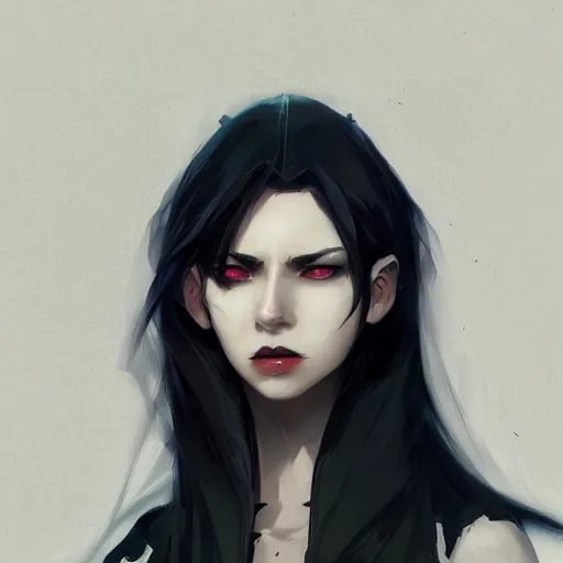 Image similar to female human vampire witch in the style of greg rutkowski, makoto shinkai, trending on artstation, character design, concept art, pretty face, highly detailed, long black hair, portrait, digital art