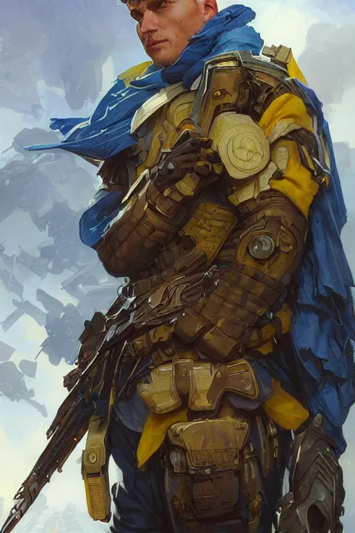 Prompt: shot of a super soldier with Ukrainian blue and yellow flag on his back, handsome, fantasy, intricate, pile of skulls under his feet, elegant, highly detailed, digital painting, artstation, concept art, smooth, sharp focus, illustration, art by artgerm and greg rutkowski and alphonse mucha