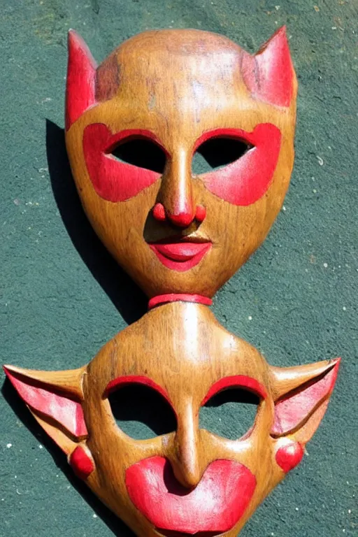 Image similar to a flat carved wooden elf mask face, brightly coloured, highly detailed, vintage folk art, colour photograph