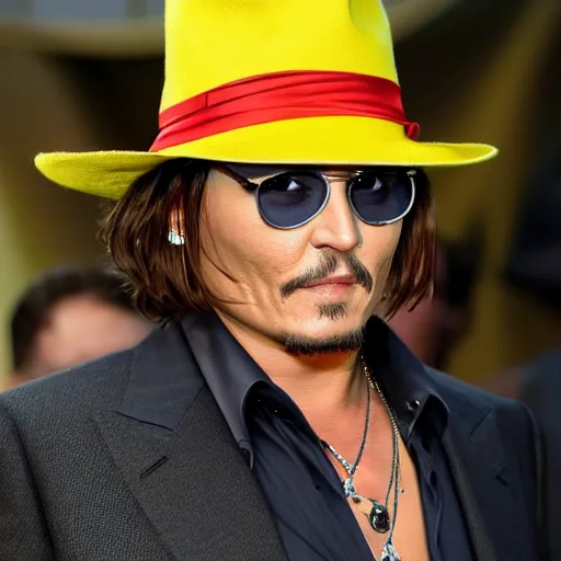 Image similar to johnny depp playing the guy with the yellow hat from curious george in real life