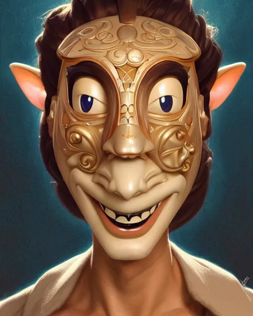 Image similar to portrait of disney happy mask salesman from zelda, intricate, elegant, highly detailed, my rendition, digital painting, artstation, concept art, smooth, sharp focus, illustration, art by artgerm and greg rutkowski and alphonse mucha and uang guangjian and gil elvgren and sachin teng and wlop, symmetry!!