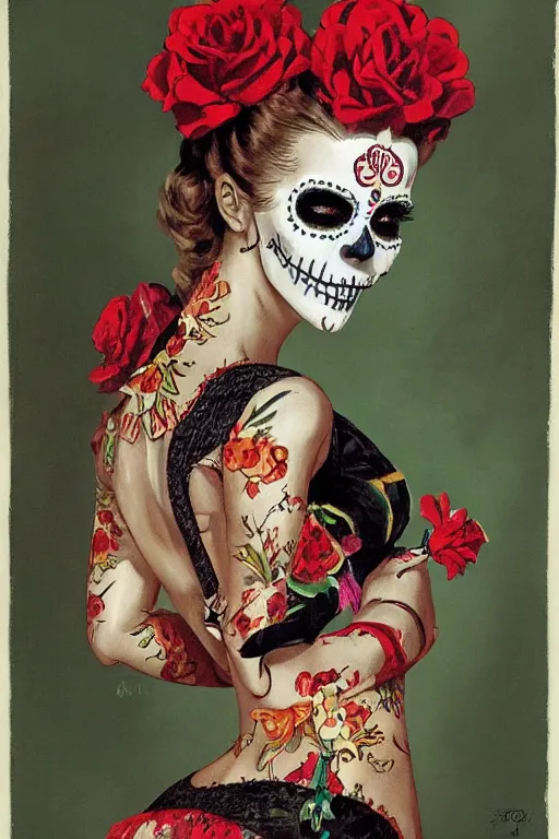 Image similar to illustration of a sugar skull day of the dead girl, art by gil elvgren