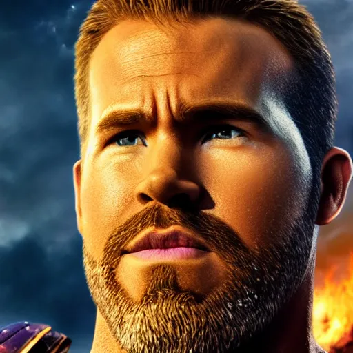 Prompt: Ryan Reynolds as Thanos, high quality image, high quality render, 8K, max definition, art station