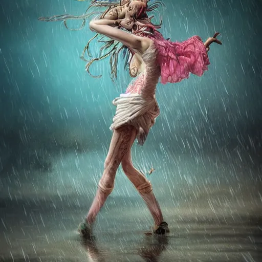 Image similar to a atompunk art raver girl dancing on beach rain and fog peter mohrbacher and chris dyer, intricate detail, finely detailed, small details, extra detail, photorealistic, high resolution, vray, hdr, hyper detailed, insane details, intricate, elite, ornate, elegant, luxury, dramatic lighting, octane render, weta digital, micro details, 3 d sculpture