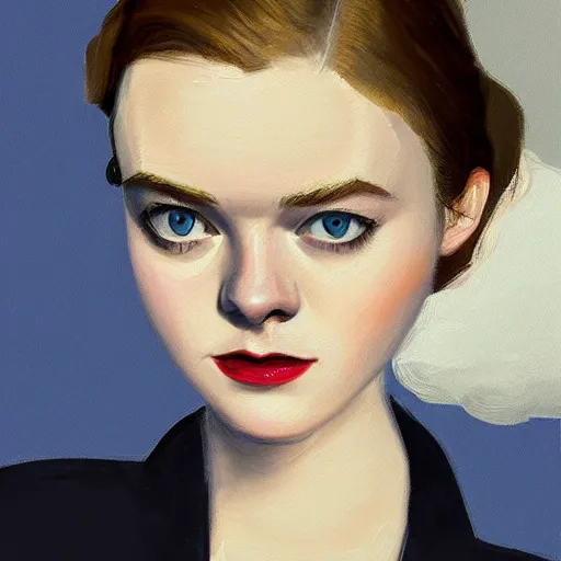 Image similar to professional painting of Elle Fanning in the style of Edward Hopper, head and shoulders portrait, symmetrical facial features, smooth, sharp focus, illustration, intricate, stormy weather, extremely detailed masterpiece,
