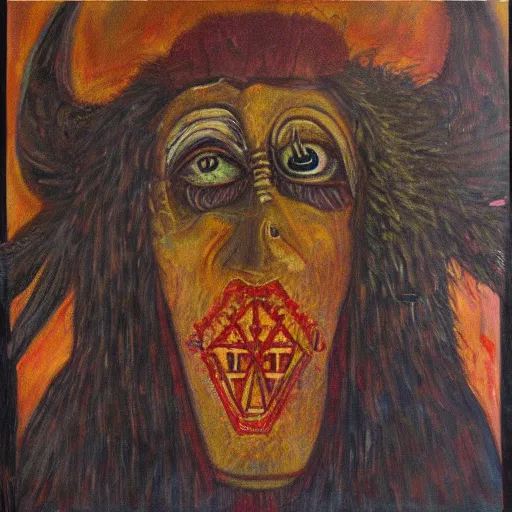 Image similar to portre of an autistic demon on acid, masonic and kabalistic symbols in background, oil painting