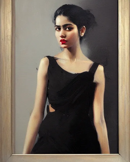 Image similar to beautiful portrait painting an gorgeous delhi girl wearing a little black dress, oil painting, art by ruan jia