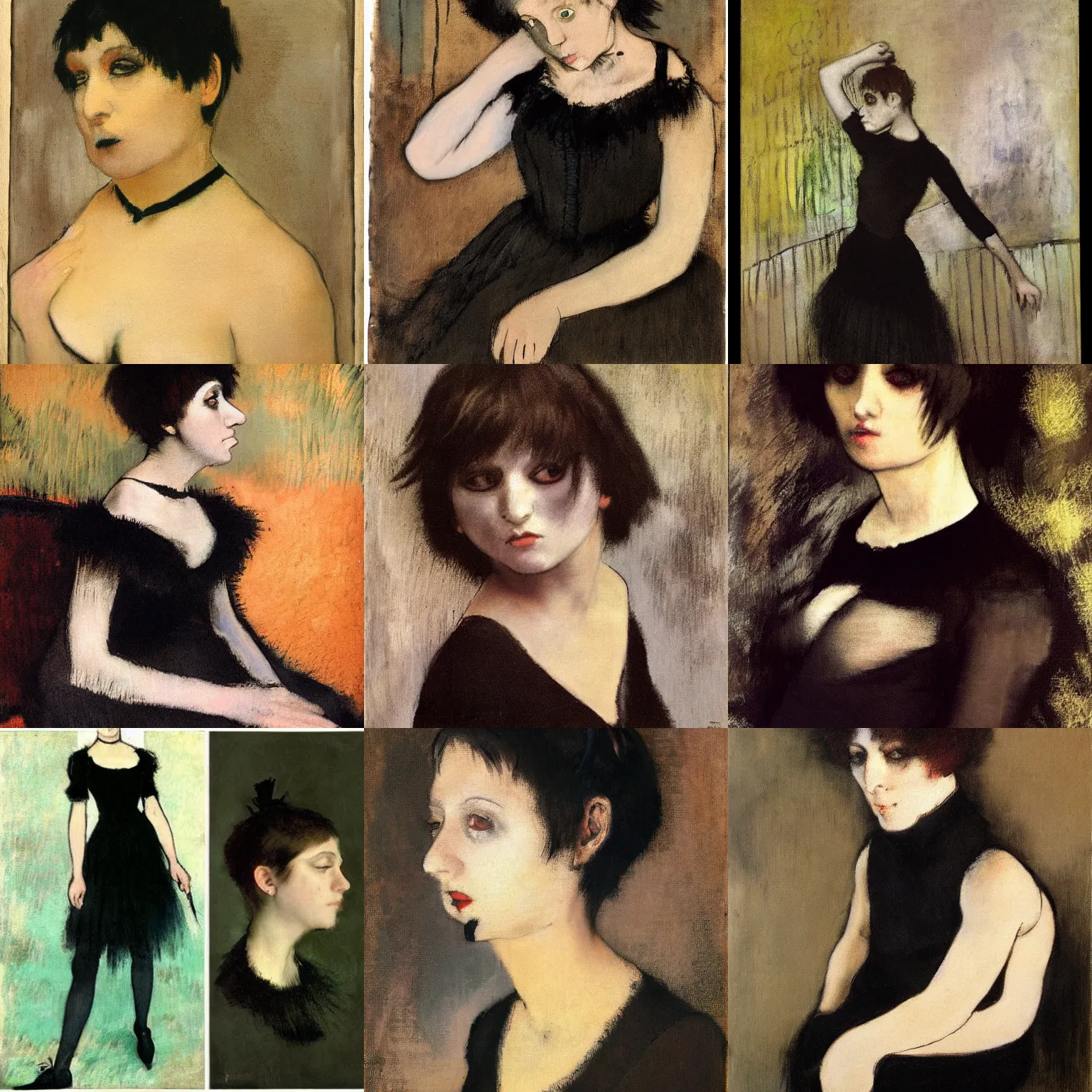 Prompt: A goth painted by Edgar Degas. Her hair is dark brown and cut into a short, messy pixie cut. She has a slightly rounded face, with a pointed chin, large entirely-black eyes, and a small nose. She is wearing a black tank top, a black leather jacket, a black knee-length skirt, a black choker, and black leather boots.