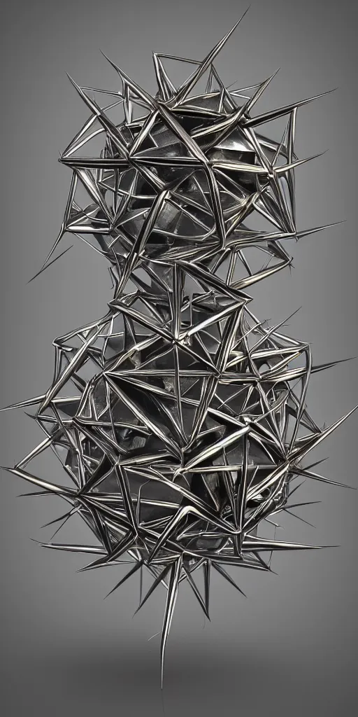 Image similar to a photorealistic render of a metallic neotribal octahedron with thorns, made of liquid metal, c 4 d, by zhelong xu and ernst haeckel, wide angle, hyper realistic, plain background, 8 k, volumetric lightning, octane render