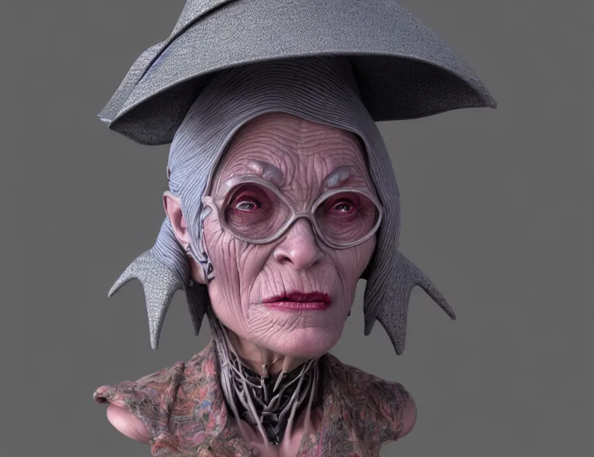 Image similar to cinematic bust portrait of robo face granny cyborg body, witch's hat on head, by jean giraud, trending artstaition, 3 d, unreal engine