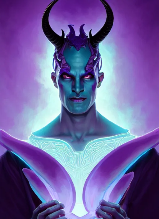 Image similar to symmetry!! portrait of a male purple and teal skinned tiefling with demon horns, glowing lights!! intricate, elegant, highly detailed, digital painting, artstation, concept art, smooth, sharp focus, illustration, art by artgerm and greg rutkowski and alphonse mucha