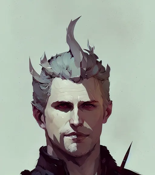 Image similar to portrait of cullen from dragon age with raven wings by atey ghailan, by greg rutkowski, by greg tocchini, by james gilleard, by joe fenton, by kaethe butcher, dynamic lighting, gradient light blue, brown, blonde cream and white color scheme, grunge aesthetic