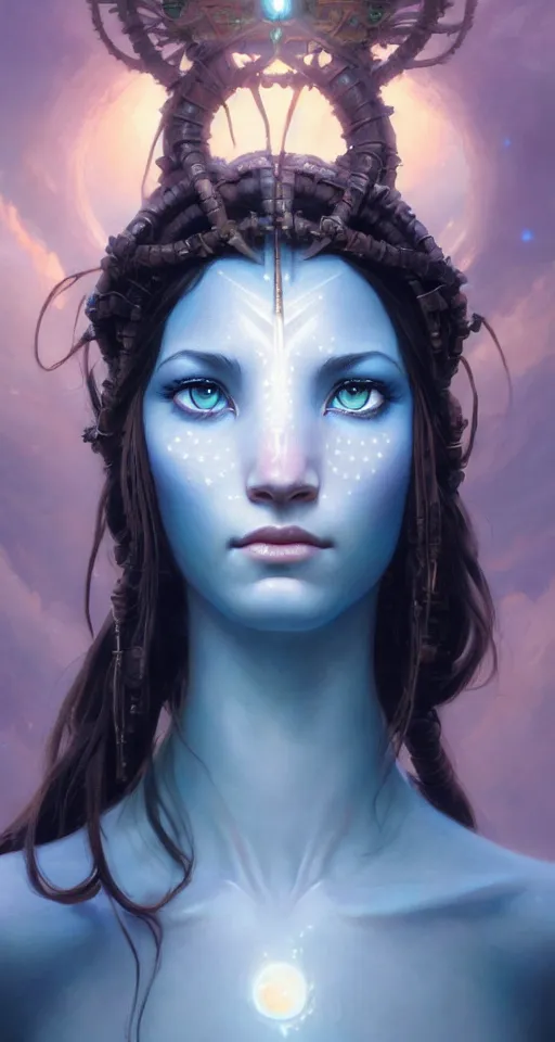 Image similar to highly detailed portrait of beautiful goddess in avatar, stephen bliss, unreal engine, fantasy art by greg rutkowski, loish, rhads, ferdinand knab, makoto shinkai and lois van baarle, ilya kuvshinov, rossdraws, tom bagshaw, global illumination, radiant light, detailed and intricate environment