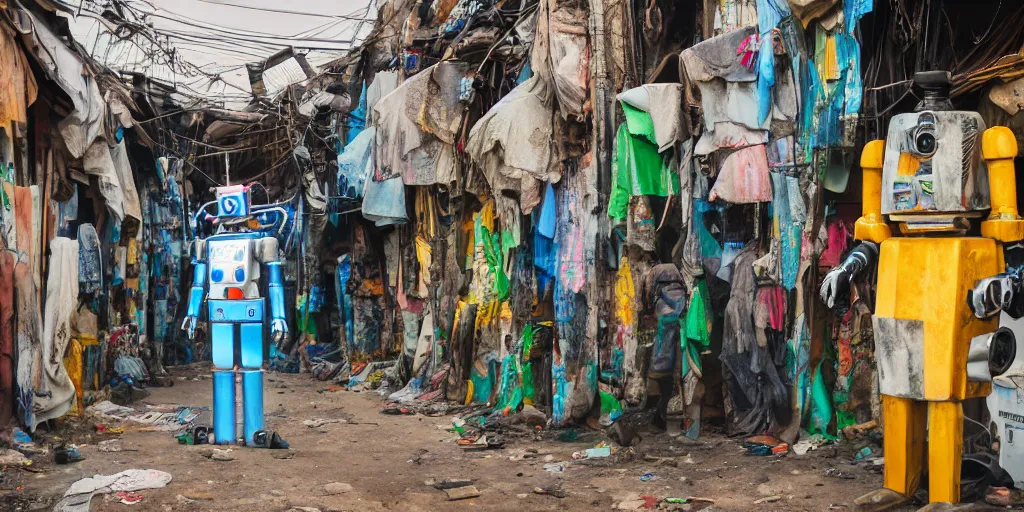 Image similar to mecha ROBOT of AJEGUNLE SLUMS of Lagos inside african JESUS CHRIST about AESTHETICS surrounding large UFO within NEON rays of light, 35mm, f/1.4,