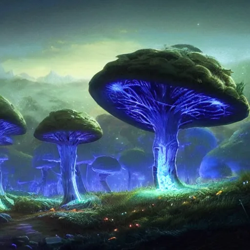 Image similar to concept art painting of a fantasy alien fungal landscape at night, with glowing blue lights, glowing blue mushrooms, dark purple sky, realistic, detailed, cel shaded, in the style of makoto shinkai and greg rutkowski and albert bierstadt and james gurney