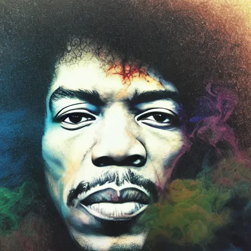 Prompt: colour masterpiece surreal closeup portrait photography jimi hendrix by miho hirano and annie leibovitz and michael cheval, psychedelic smoke background, 8 k