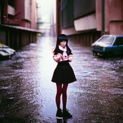 Image similar to 1990s perfect 8K HD professional cinematic photo of close-up japanese schoolgirl posing in sci-fi dystopian alleyway at morning during rain, at instagram, Behance, Adobe Lightroom, with instagram filters, depth of field, taken with polaroid kodak portra