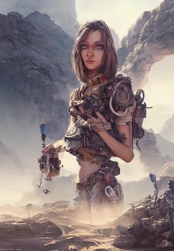 Prompt: scavenger girl hunting in the desert concept art, symmetrical, rule of three, detailed body, detailed face, ultradetailed digital illustration, 8 k, epic atmosphere, digital art by dang my linh and simon cowell