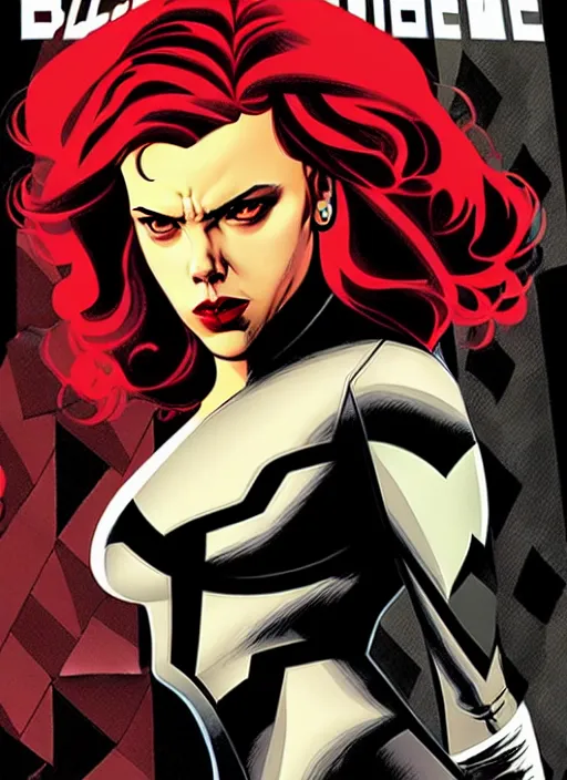 Prompt: style of Rafael Albuquerque comicbook cover art, Scarlett Johansson Black Widow vampire, black background