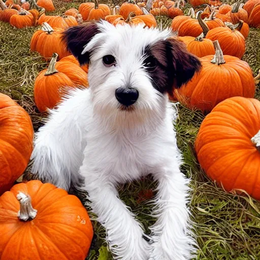 Prompt: a very cute scruffy long haired jack russell terrier puppy, white with brown spots and a brown patch over each eye, amidst piles of pumpkins. halloween autumn fall art. beautiful painting by artgerm and greg rutkowski and alphonse mucha