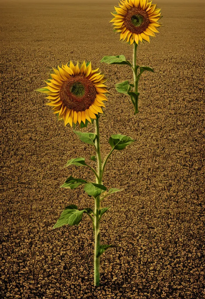 Prompt: A communist Propaganda Poster of a single sunflower in a vast dry field.