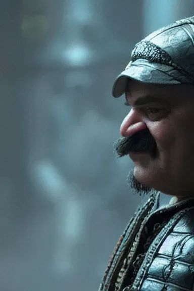 Image similar to very very intricate photorealistic photo of wario wearing his hat in an episode of game of thrones, photo is in focus with detailed atmospheric lighting, award - winning details