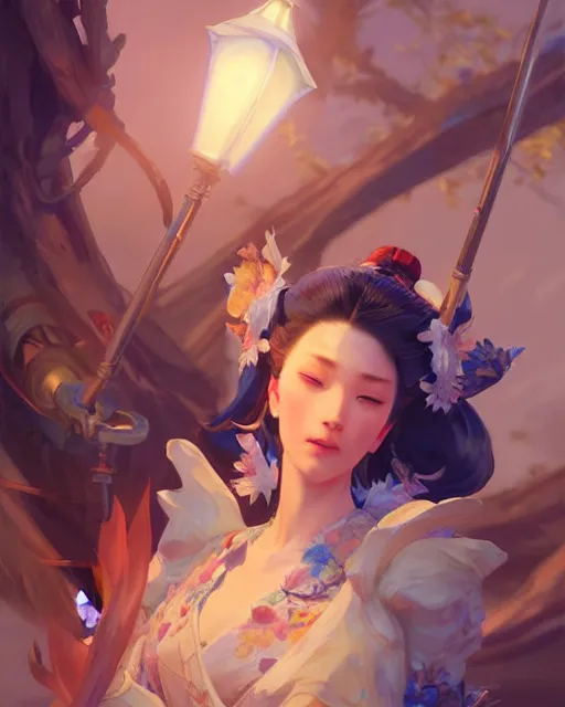 Image similar to onmyoji, fine details. night setting. realistic shaded lighting poster by craig mullism, artgerm, jeremy lipkin and michael garmash, unreal engine, radiant light, detailed and intricate environment, digital art,