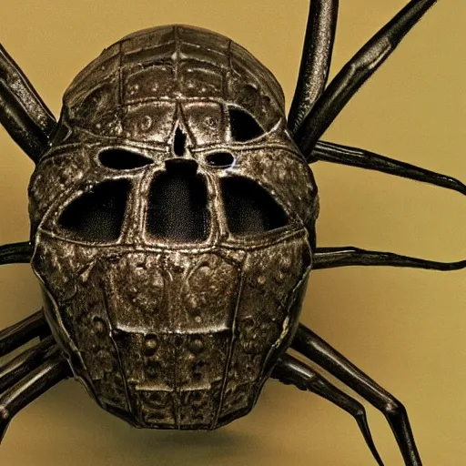 Image similar to spider wearing a viking helmet, by h r giger