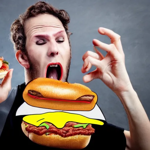 Image similar to a person eating a very very big hamburger that don't even fit in his mouth