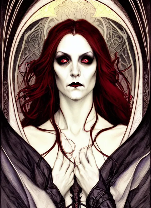 Image similar to an art nouveau, evil vampire portrait in the style of charlie bowater, and in the style of donato giancola, and in the style of charles dulac. very large, clear, expressive, intelligent eyes. symmetrical, centered, ultrasharp focus, dramatic lighting, photorealistic digital painting, intricate ultra detailed background.