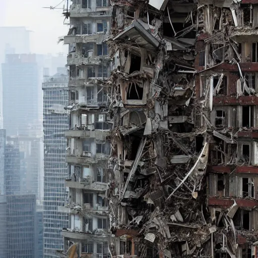 Prompt: crumbling skyscrapers due to the passage of time,