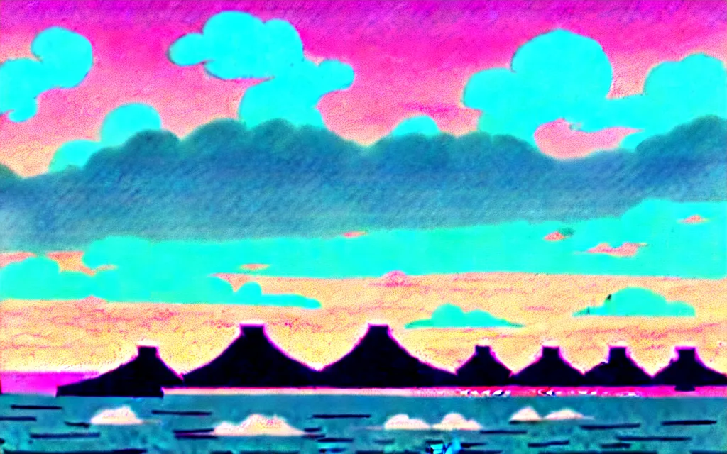 Image similar to a japanese city near the sea, lofi, dreamy, moody, very colorful, anime inspiration, ghibli vibe