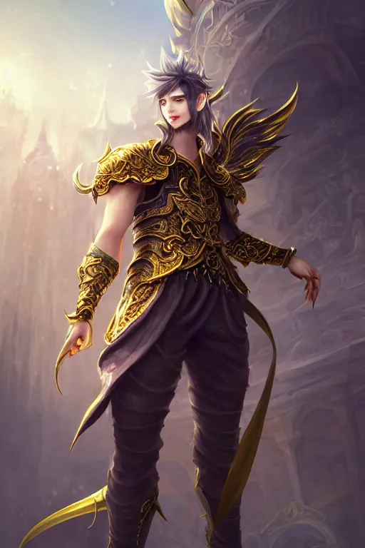 Prompt: fullbody portrait of a male fit hero with strange hairs, soft smile, baroque cloth, final fantasy, league of legends champion, strong iridescent light, by chengwei pan and sakimichan, gradient white to gold, in front of a magical building background, highly detailed portrait, digital painting, smooth, focus illustration