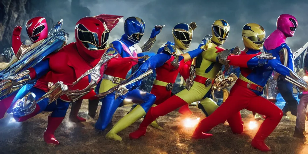 Prompt: realistic scene of power rangers in war, ultra realistic, 8 k