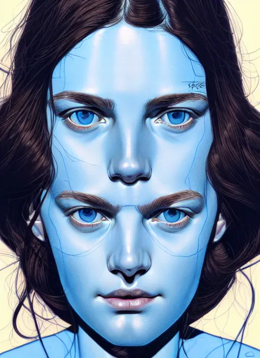 Image similar to a close up on the face of a beautiful woman in a future space suit; highly detailed; pretty blue eyes; pupils; artwork by james jean and Phil noto